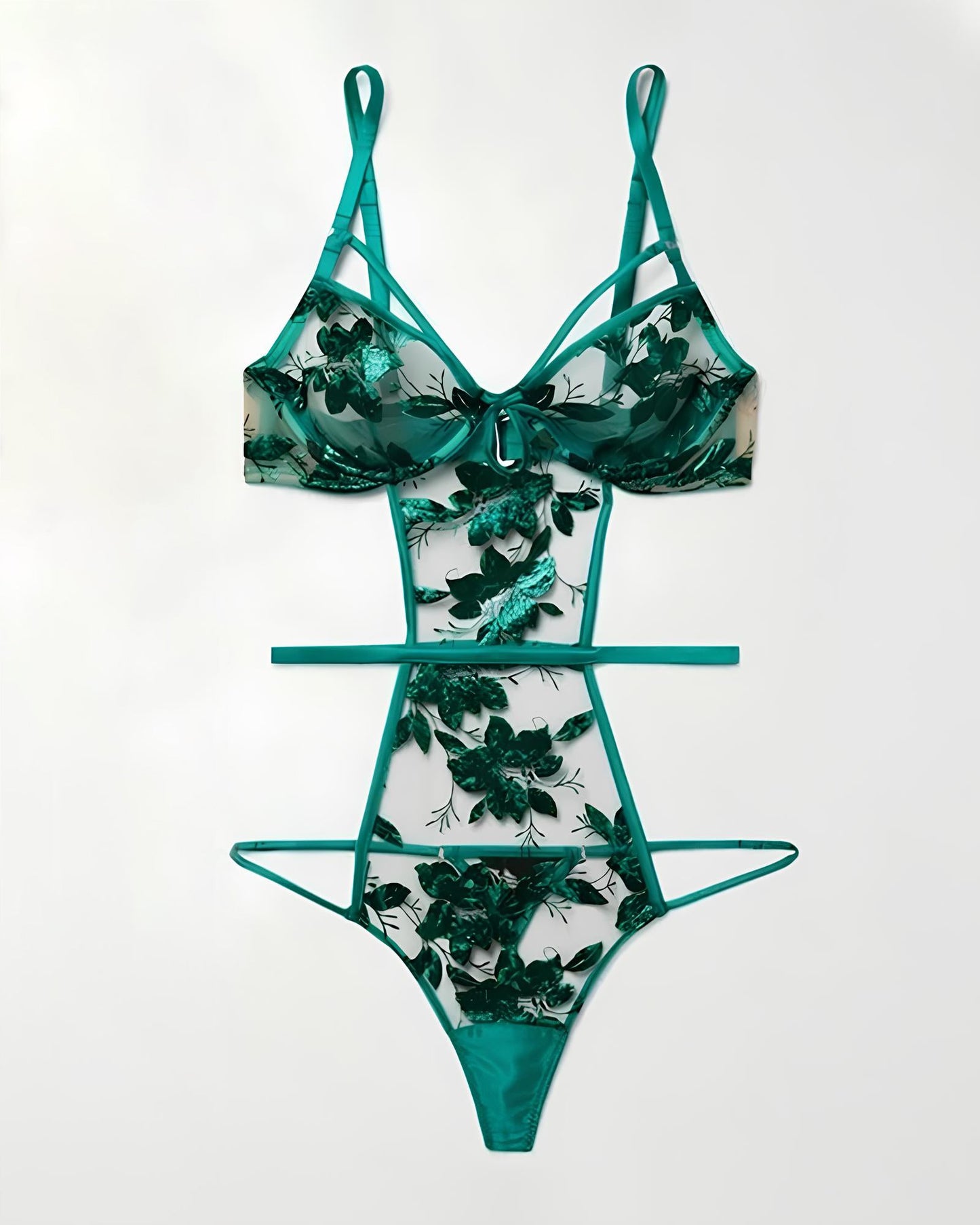 Green Sexy Floral Embroidered Sheer Mesh Bodysuit