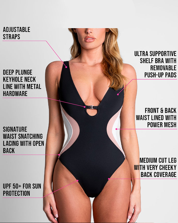 Sexy Deep V Colorblock Waist Back Drawstring One-Piece Swimsuit