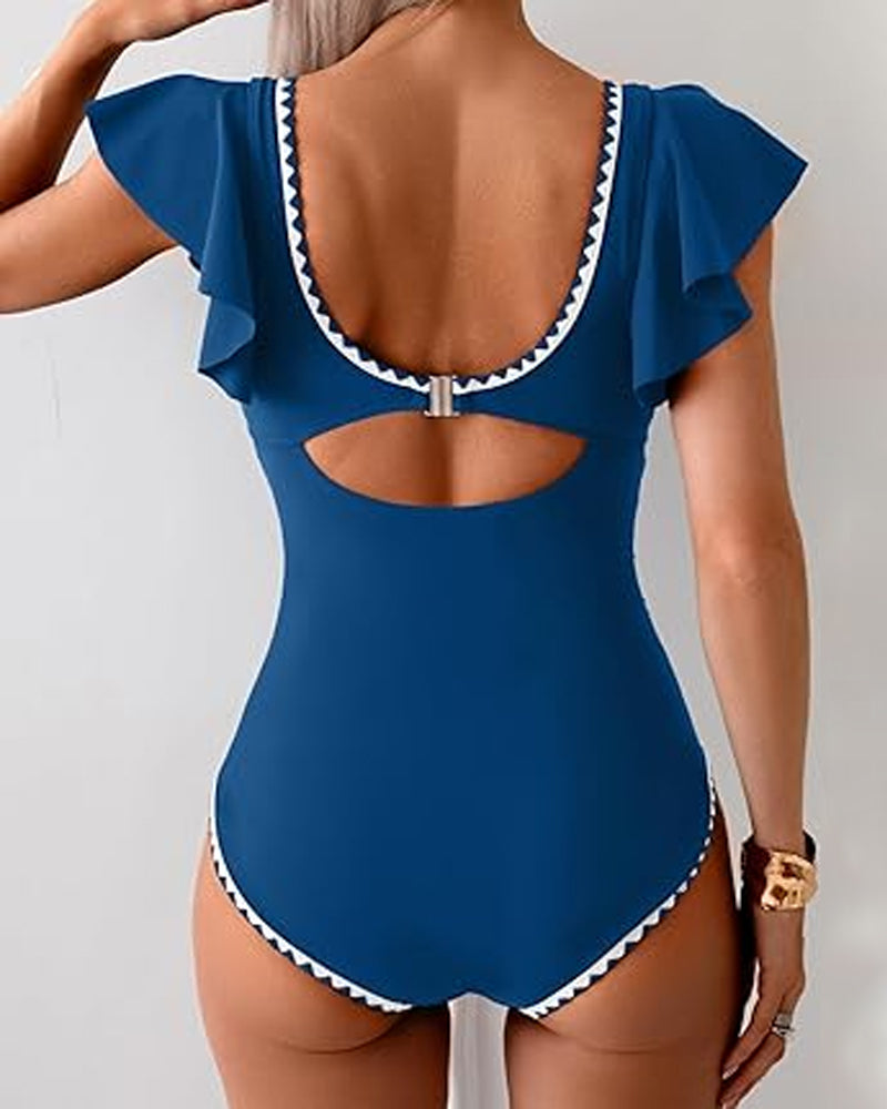 Deep V Ruffle Short-Sleeve Tummy-Controlling Printed One-Piece Swimsuit