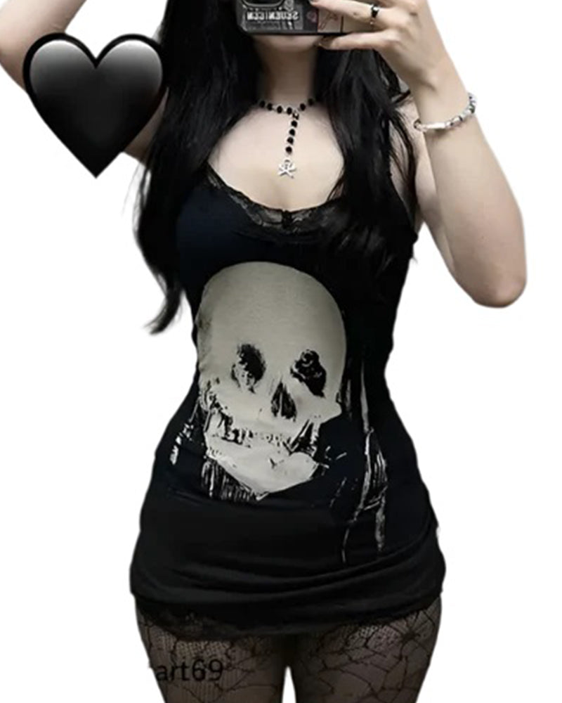 Black Skull Sexy Suspender Lace Dress
