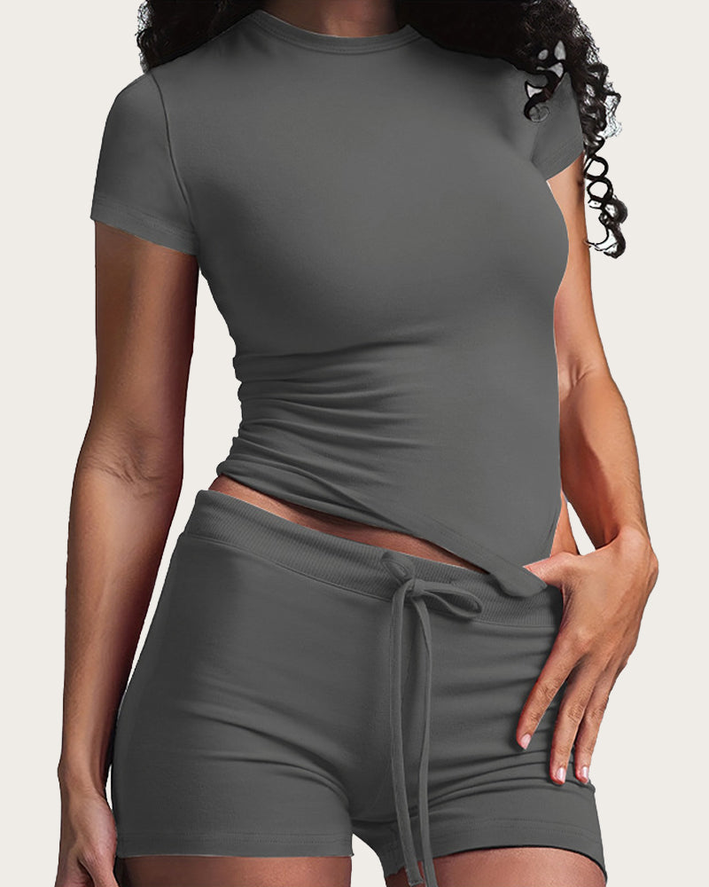Casual Modal Short Sleeve T-shirt and Drawstring Waist Shorts Homewear Two-piece Set