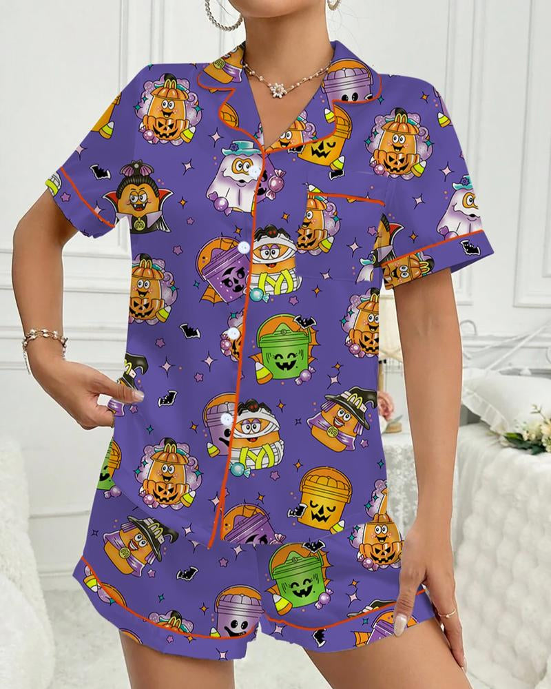 Women's Halloween Printed Casual Short Sleeve Top and Shorts Pajama Set