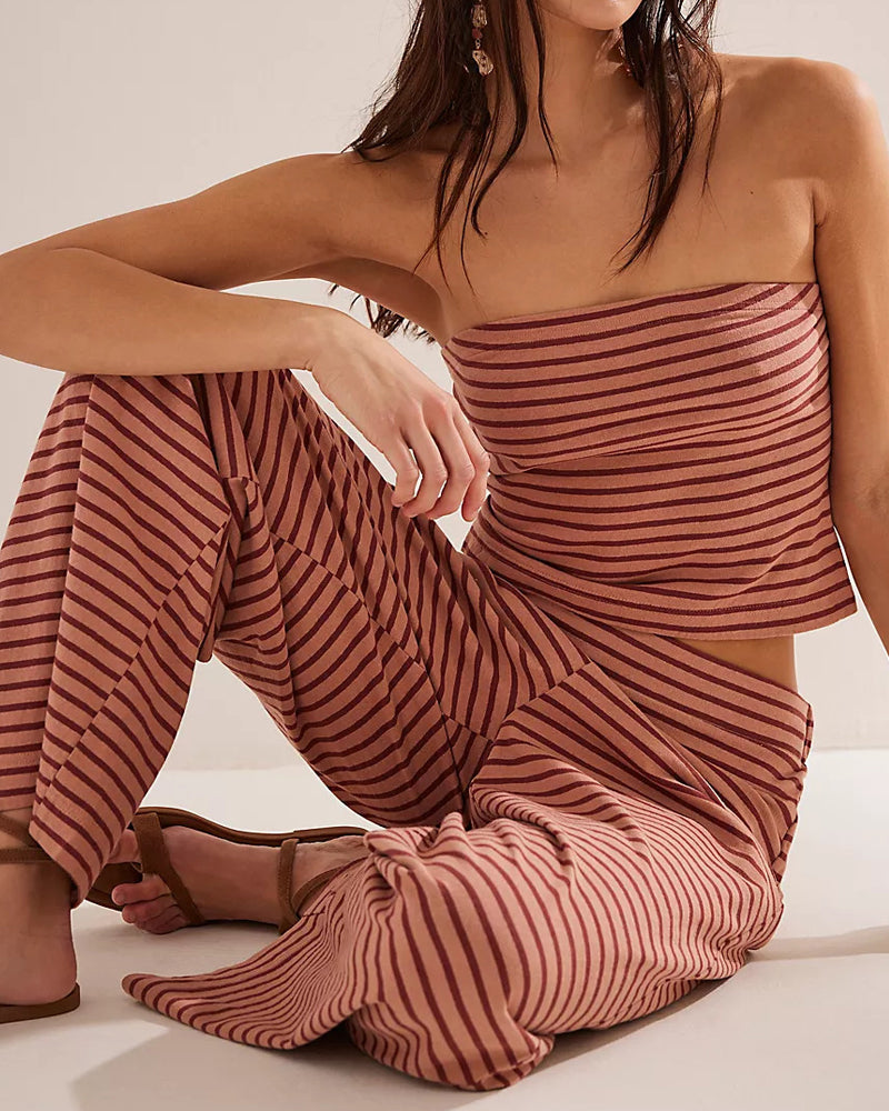 Women's Striped Print Casual Short Tube Top Wide-leg Pants Suit
