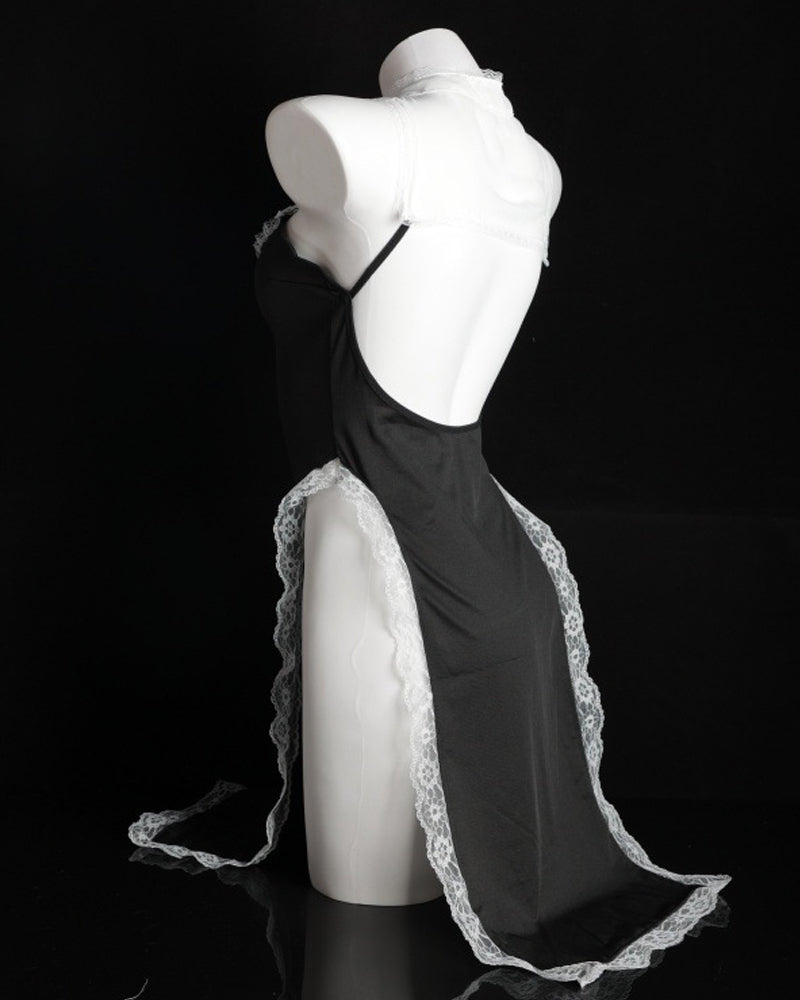 Halloween Sexy Nun Costume Role Play Hollow Slit Long Dress with Stockings Set