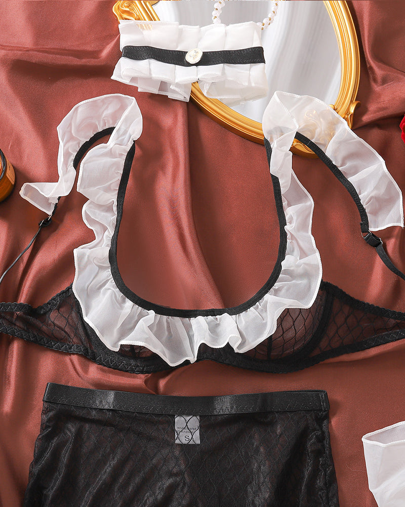 Sexy Maid Uniform See-through Mesh Gloves Choker Sexy Five-piece Set