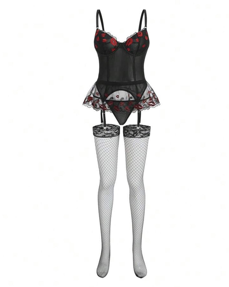 Valentine's Day Red Lips Embroidered Mesh Lingerie Set with Stockings