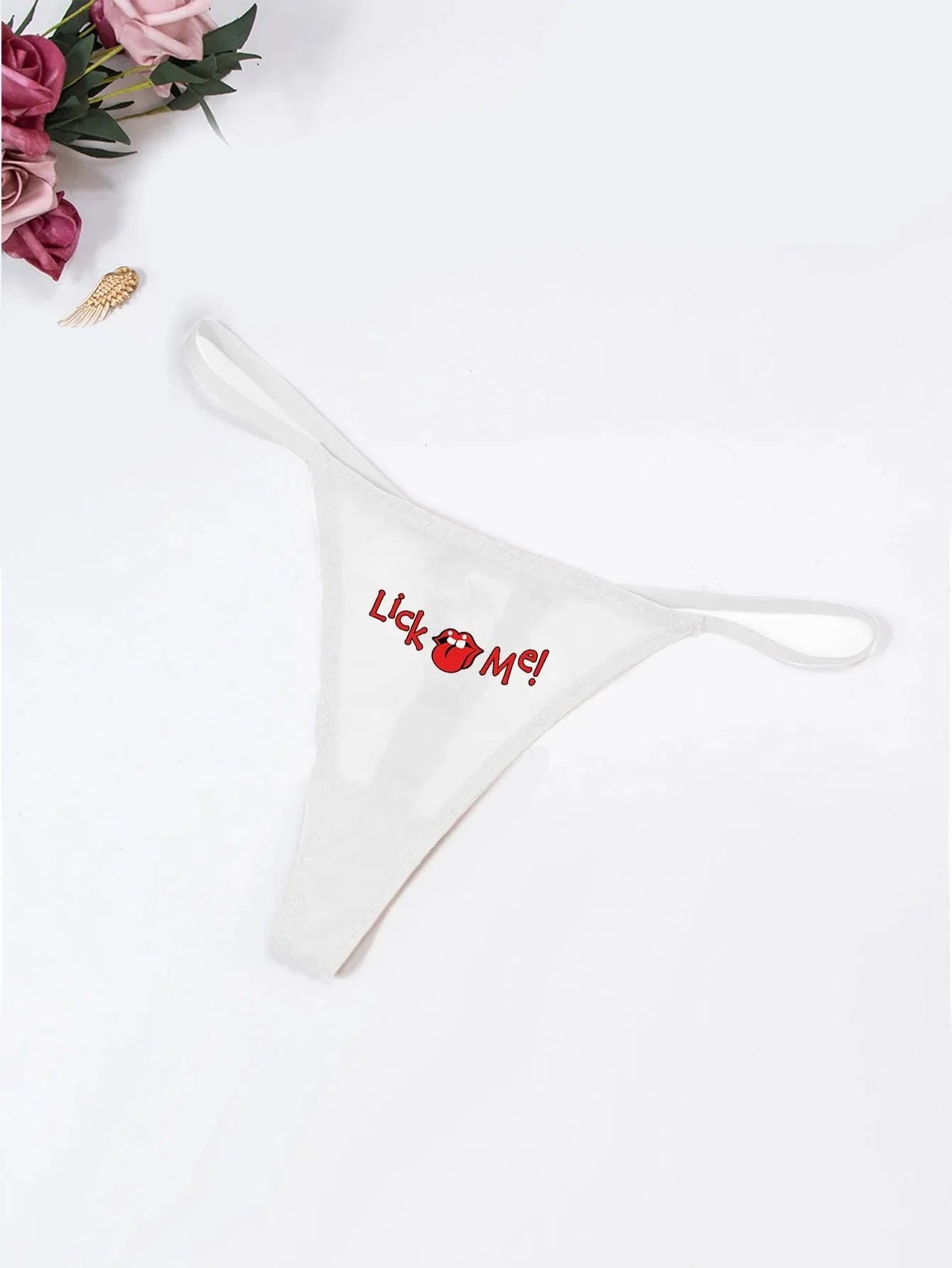 Seductive Temptation: Mesh Mouth & Letter Print Lick Me Thong