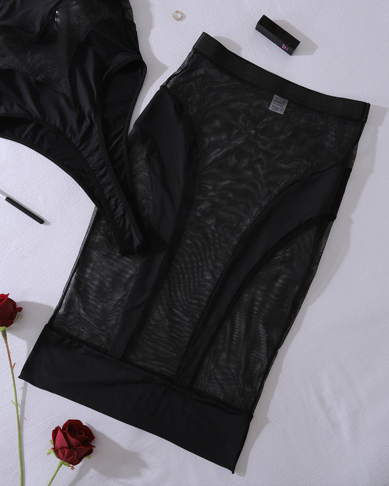 See-through Mesh Strapless Bodysuit with Fitted Skirt Sexy Lingerie Set