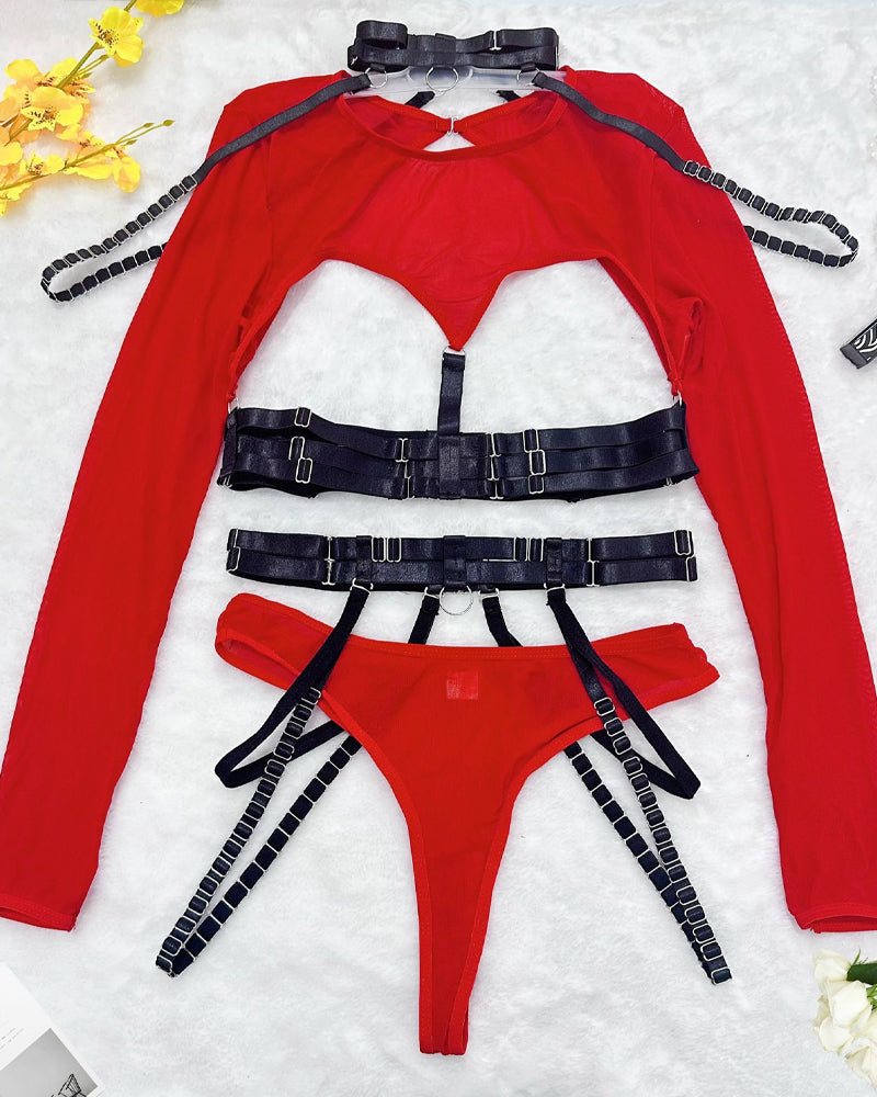 Sexy Strappy Halter Neck Corset Mesh Long-sleeved Lingerie Set