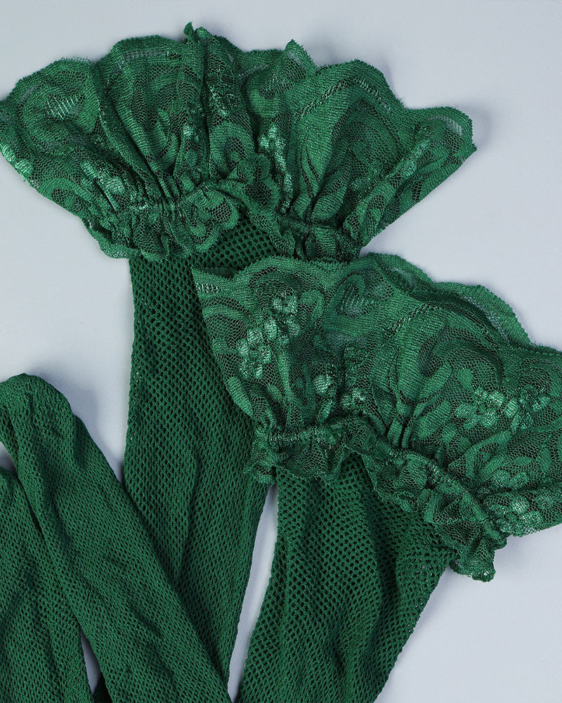 Retro Colorblock Sexy Green Leaf Lace Underwear With Stockings Set