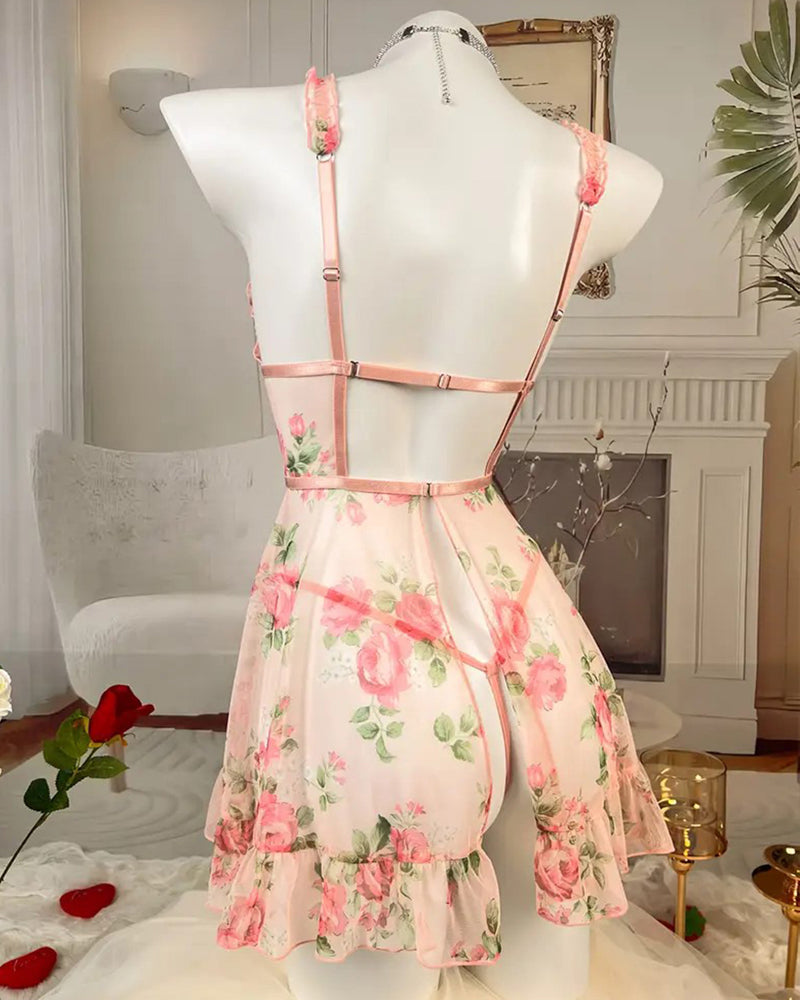 Deep V-neck Floral Print Sheer Mesh Ruffle Camisole Nightgown