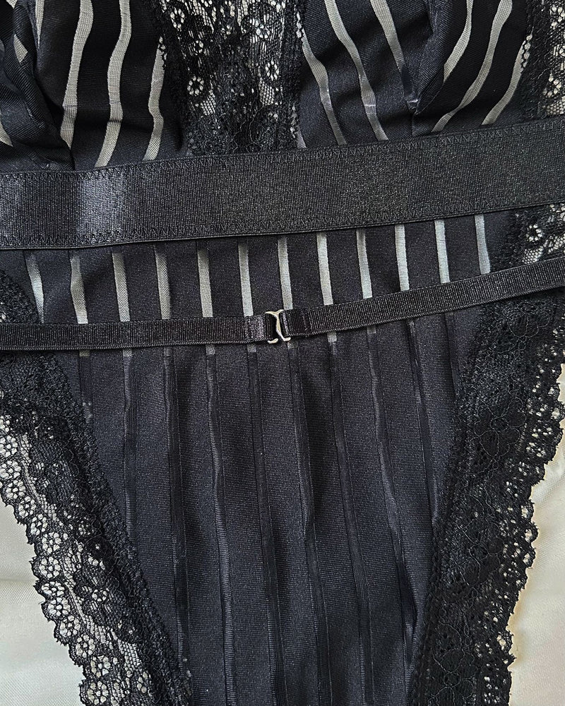 Deep V-neck Lace-trimmed Striped See-through Mesh Sexy Lingerie Bodysuit