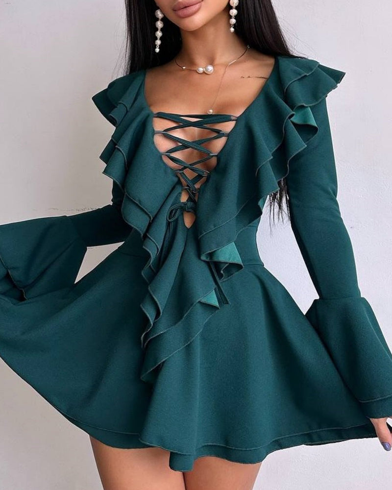 Stylish V Neck Slim-fit Tie-up Ruffle Bell Sleeve Dress