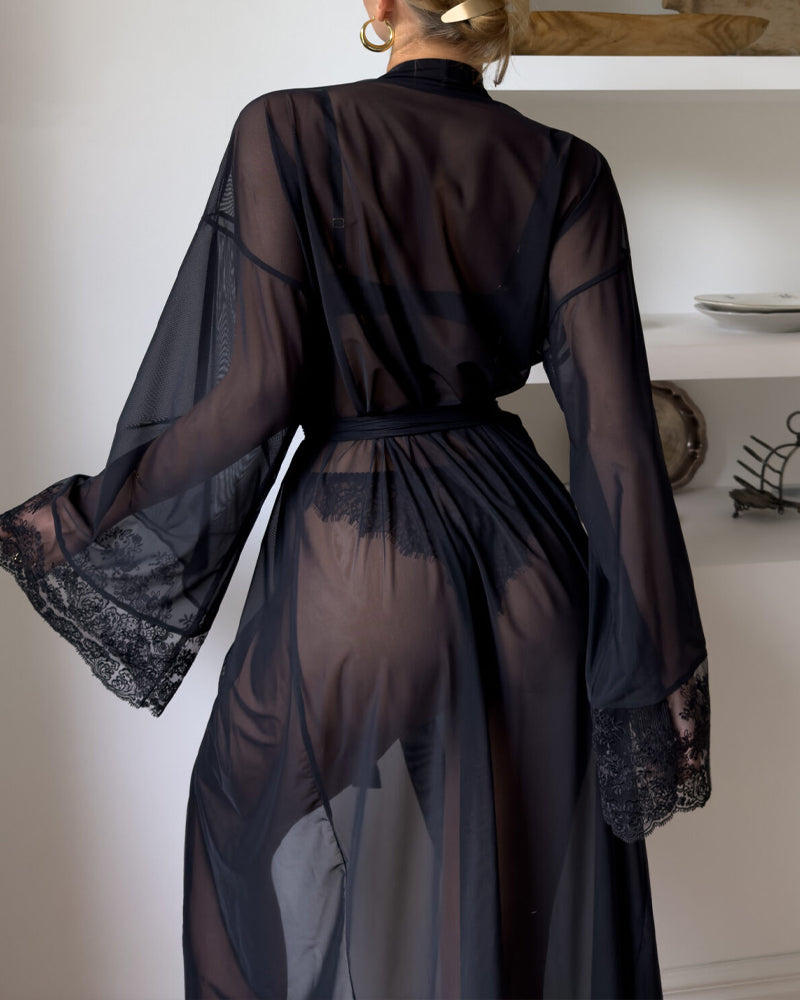 Sexy Lace Mesh See-Through Slip Dress and Long Sleeved Robe Set