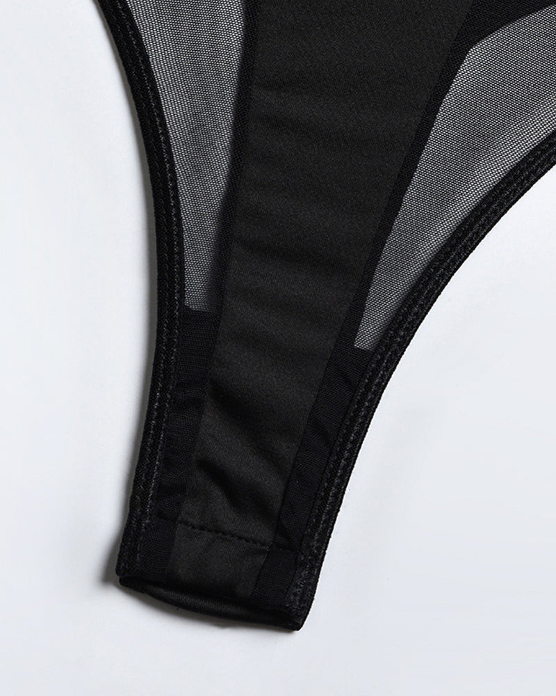 Mesh Splicing Open Back Sexy Lace-Up Suspender Bodysuit