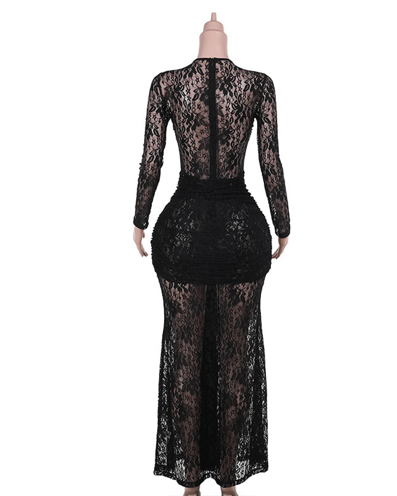 Sexy Form-fitting Lace Bodycon Long-sleeved Round Neck Dress