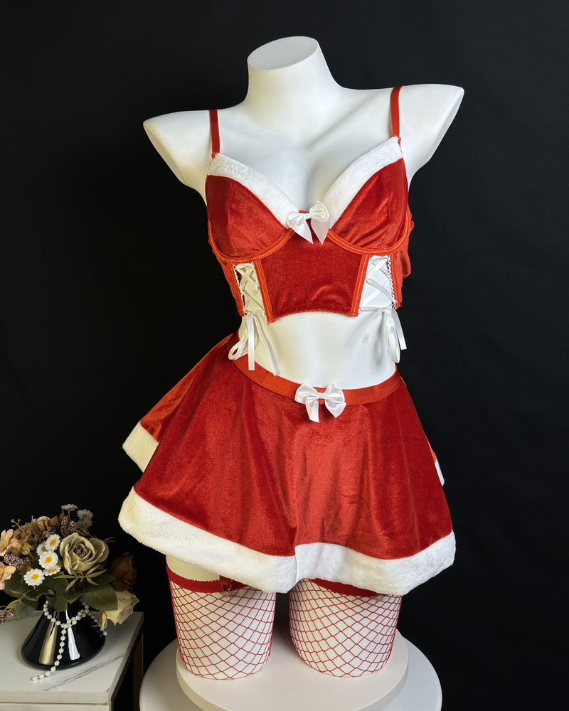 Sexy Christmas Bow-Tie Velvet Uniform With Fishnet Stockings Set