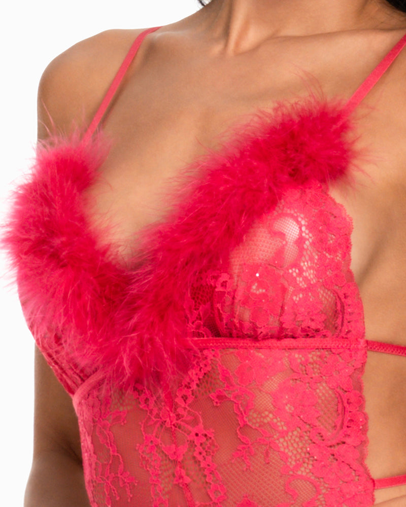 V-neck Plush Lace See-through Open-crotch Sexy Bodysuit