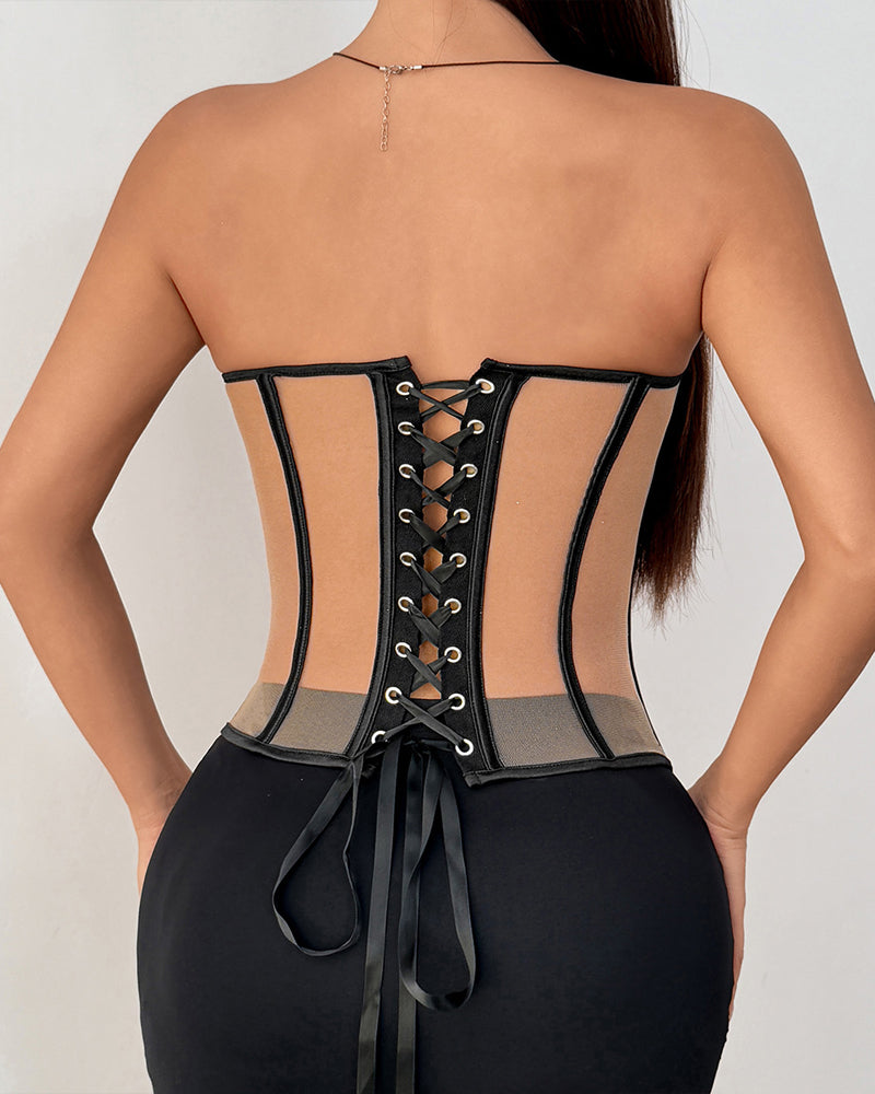 Sexy Underwired Backless Drawstring Waist Tight-fitting Sheer Bandeau Top