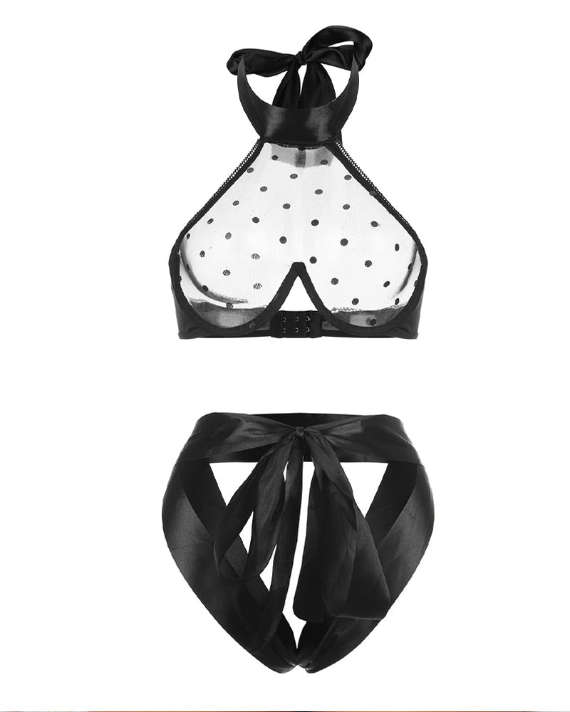 Black Polka Dot Sexy Backless Sheer Openwork Lingerie Set