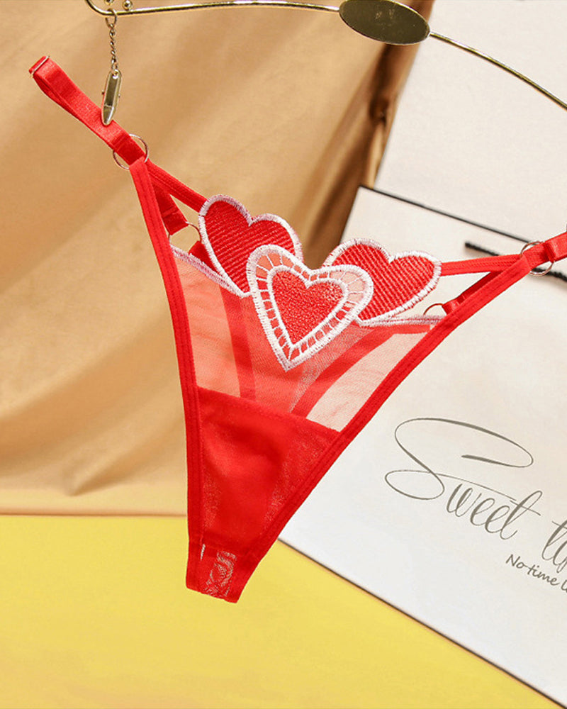 Heart Embroidered Sheer Mesh Sexy Thong