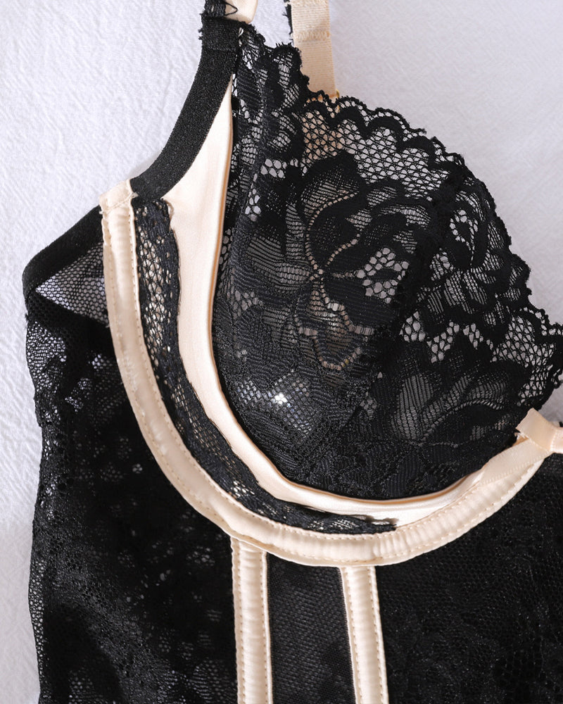 Colorblock Sheer Lace Shaping Lingerie Set