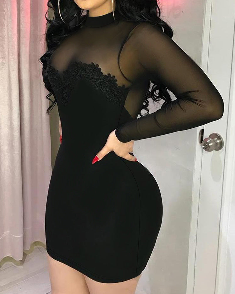 Shimmering Mesh Floral Embroidery Patchwork Round Neck Long Sleeve Bodycon Dress