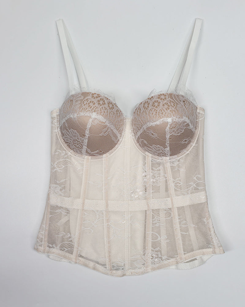 Sexy Strapless Lace Mesh See-through Underwire Bra Back Tie Fishbone Top