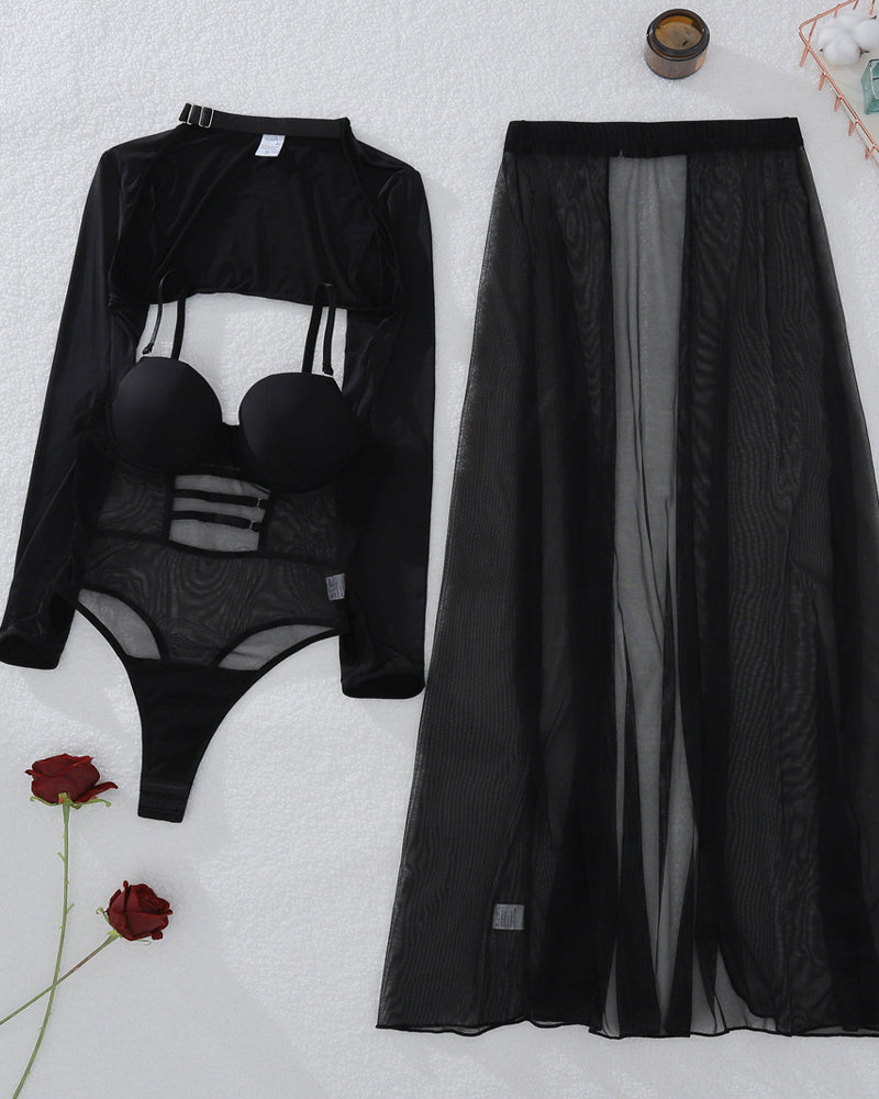 Sheer Mesh Bodysuit with Sexy Slit Skirt Three-piece Set