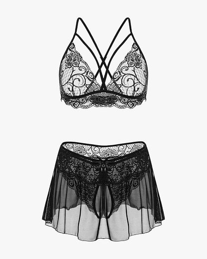 3 Piece Sets Lace Bralette, Skirt with Panty