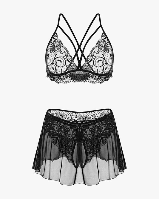 3 Piece Sets Lace Bralette, Skirt with Panty