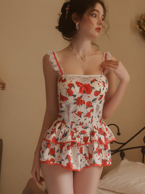 Front view standing floral mini dress white with red print lace straps