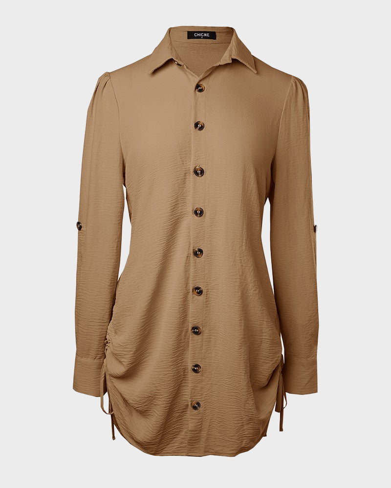 Long Sleeve Button Down Drawstring Shirt Dress