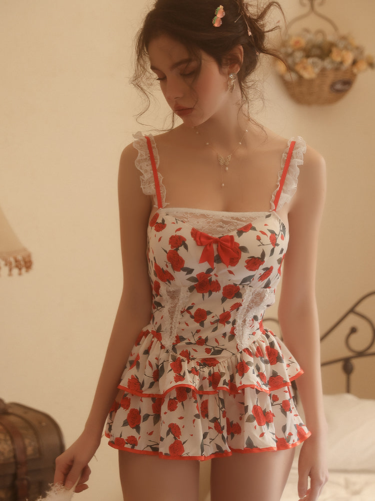 Side view sitting floral mini dress white with red print ruffle trim