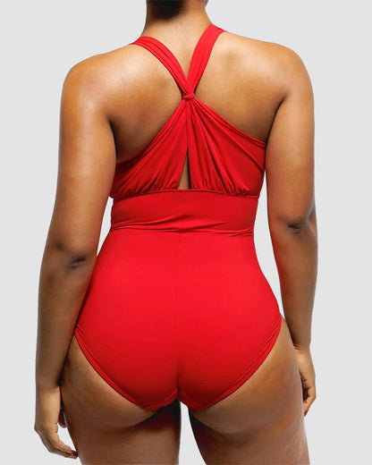 Plunge Ruched Twist-Front Shaping Swimsuit