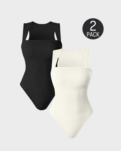 Women's Square Neck Sleeveless Knit Ribbed Vest Bodysuit