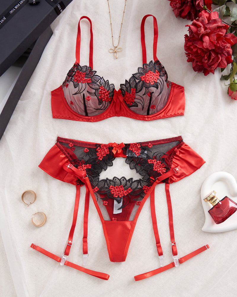 Floral Embroidery See-Through Mesh Colorblock Lingerie Set