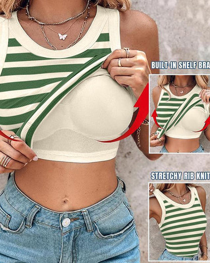 Women's Casual Comfort Round Neck Built-in Bra Ribbed Sleeveless Tank Top