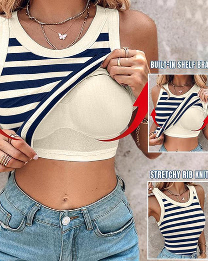 Women's Casual Comfort Round Neck Built-in Bra Ribbed Sleeveless Tank Top