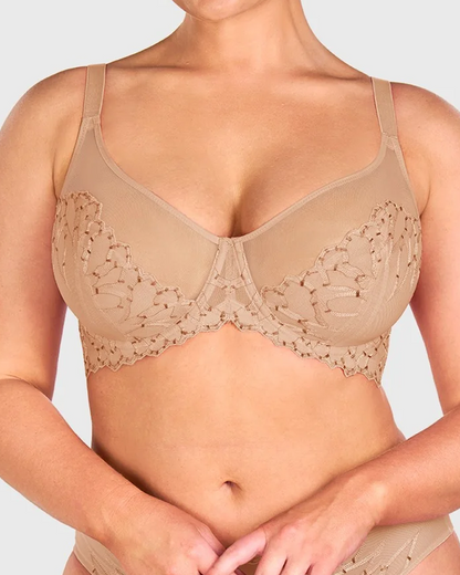 Women's Embroidered Lace Trim Full Coverage Unlined Underwire Bra