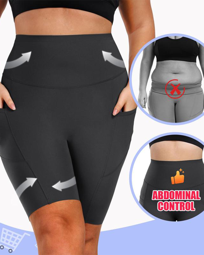 Women's Tummy Control High Waist Casual Elastic Band Pocket Yoga Sports Plus Size Shorts