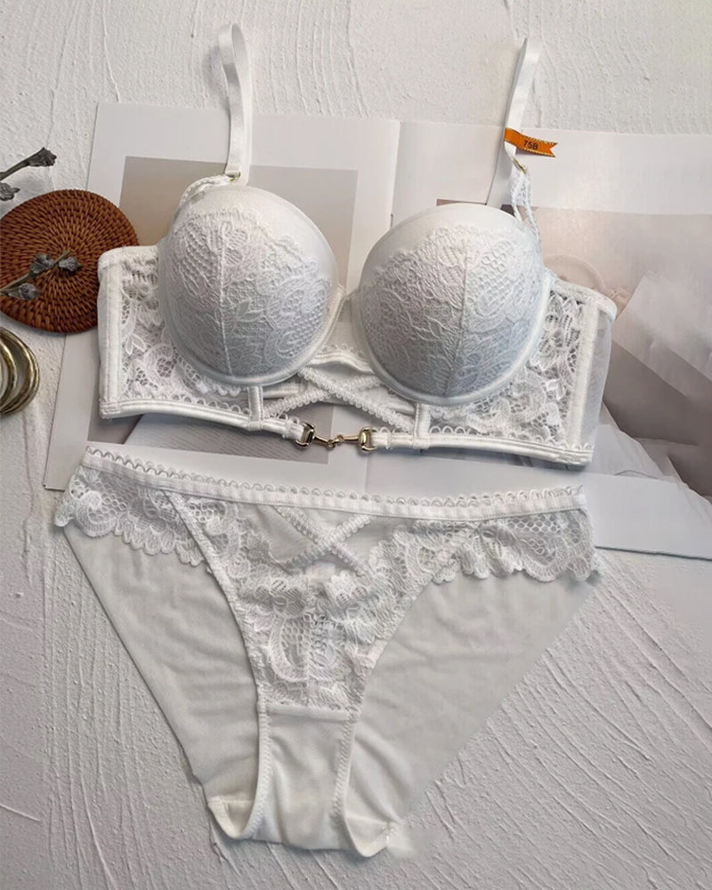 Women's Sexy Hollow Floral Lace Push-up Bra Set