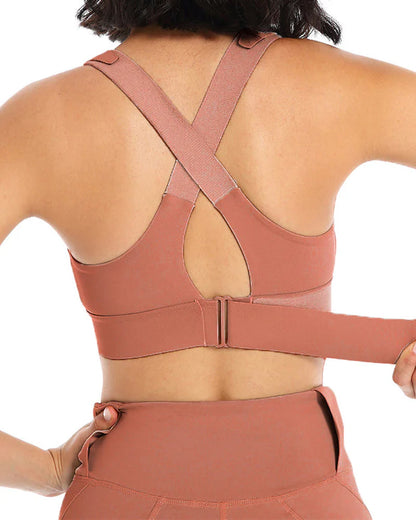 Women's Zipper Front High-Strength Support Adjustable Straps Cross Back Short Fitness Sports Bra