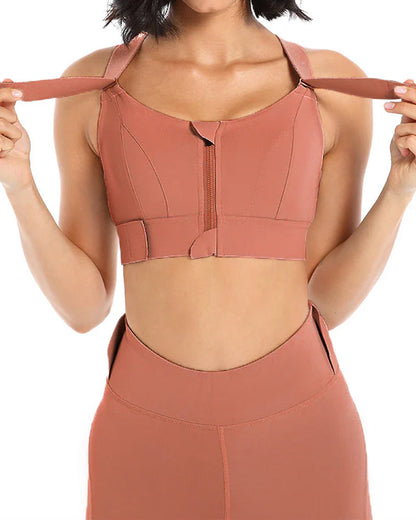 Women's Zipper Front High-Strength Support Adjustable Straps Cross Back Short Fitness Sports Bra