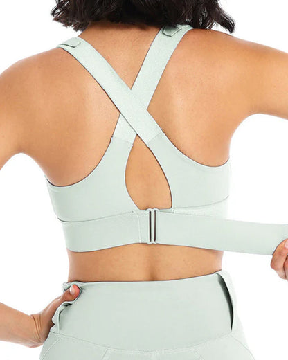 Women's Zipper Front High-Strength Support Adjustable Straps Cross Back Short Fitness Sports Bra