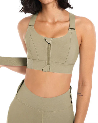 Women's Zipper Front High-Strength Support Adjustable Straps Cross Back Short Fitness Sports Bra