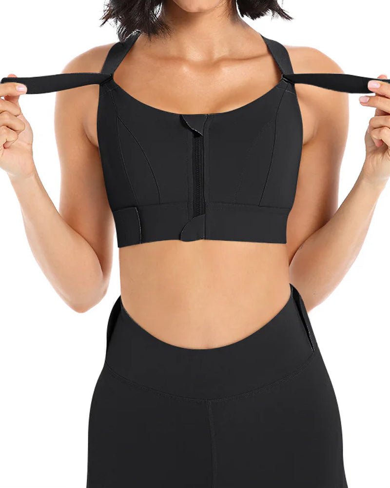 Women's Zipper Front High-Strength Support Adjustable Straps Cross Back Short Fitness Sports Bra