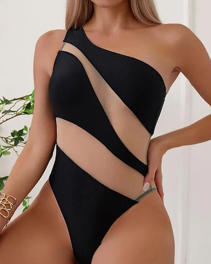 Beach Vacation Off-shoulder Transparent Mesh Colorblock Sexy One-piece Swimsuit