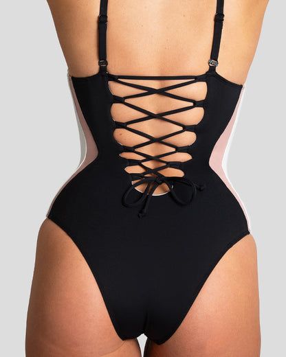 Sexy Deep V Colorblock Waist Back Drawstring One-Piece Swimsuit