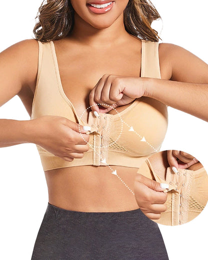 Women's Front-Clasp Plus Size High Support Back Mesh Breathable Wire-Free Sports Bra